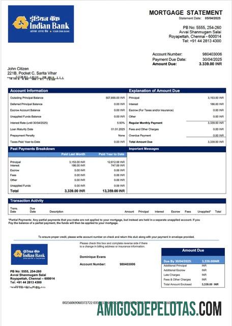 imprimível Modelo Word e PDF de extrato de hipoteca de banco indiano